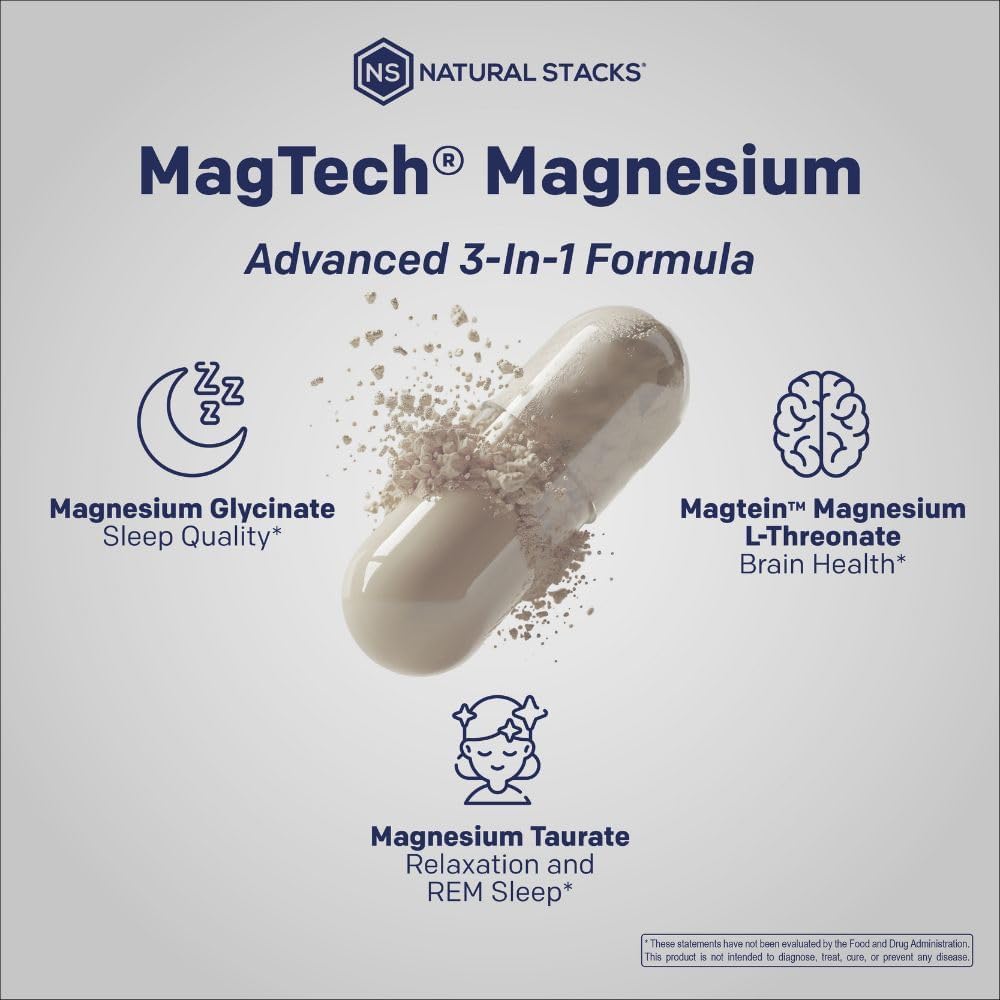 MagTech Magnesium Complex for Women & Men - 3 Forms of Magnesium: Glycinate, Magtein L-Threonate & Taurate - 200mg Chelated Complex - Support for Relaxation & Brain Health - 90 Glycinate Capsules