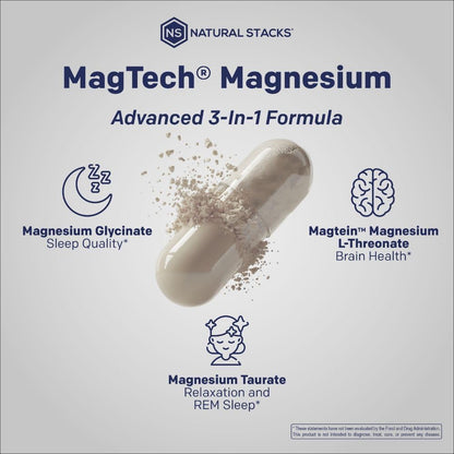 MagTech Magnesium Complex for Women & Men - 3 Forms of Magnesium: Glycinate, Magtein L-Threonate & Taurate - 200mg Chelated Complex - Support for Relaxation & Brain Health - 90 Glycinate Capsules