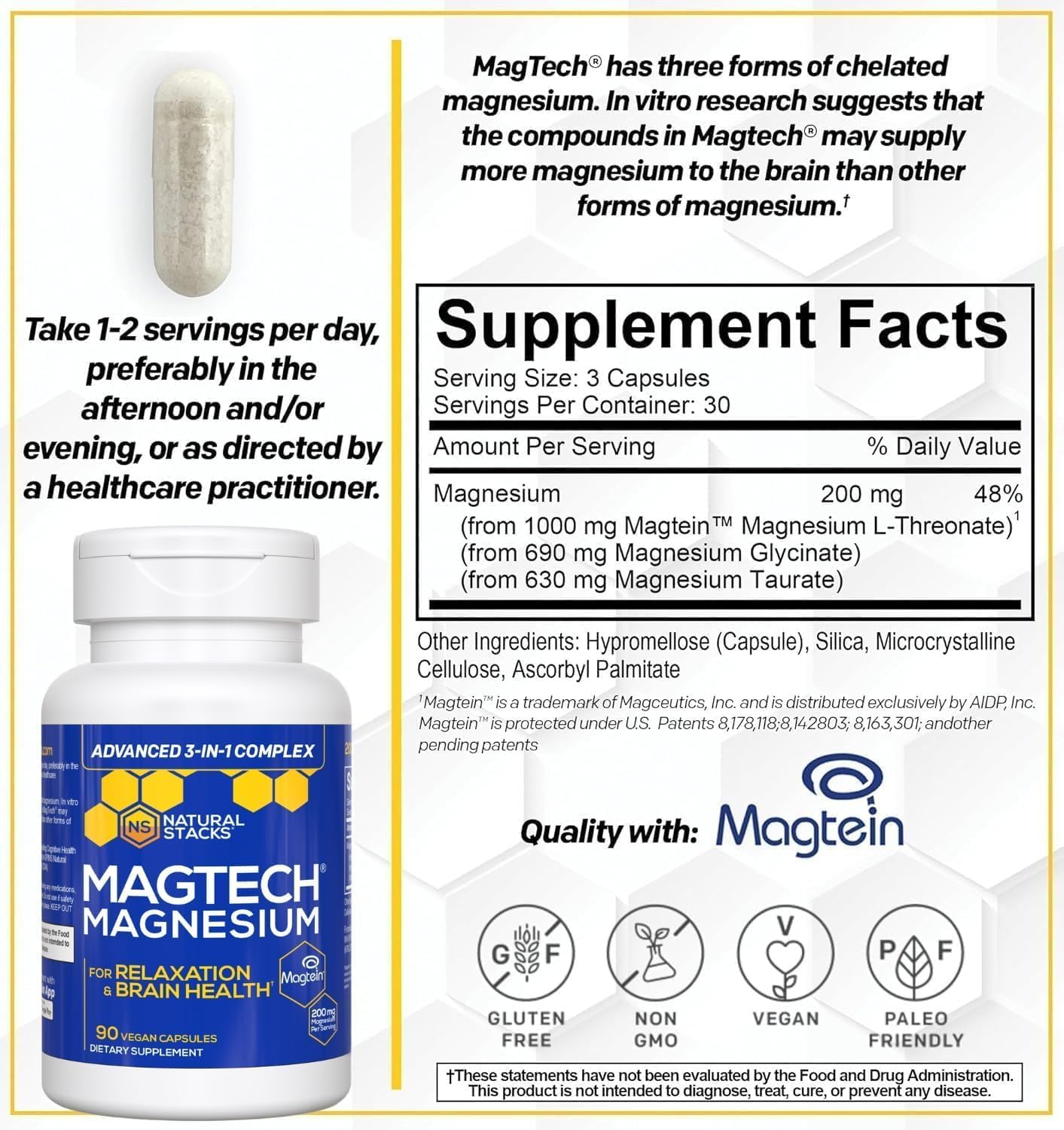 MagTech Magnesium Complex for Women & Men - 3 Forms of Magnesium: Glycinate, Magtein L-Threonate & Taurate - 200mg Chelated Complex - Support for Relaxation & Brain Health - 90 Glycinate Capsules