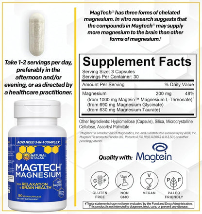 MagTech Magnesium Complex for Women & Men - 3 Forms of Magnesium: Glycinate, Magtein L-Threonate & Taurate - 200mg Chelated Complex - Support for Relaxation & Brain Health - 90 Glycinate Capsules